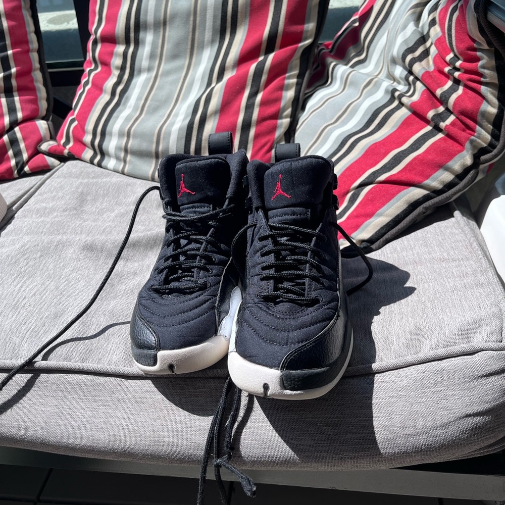 Jordan 12, nylon retro waterproof black and white shoes.